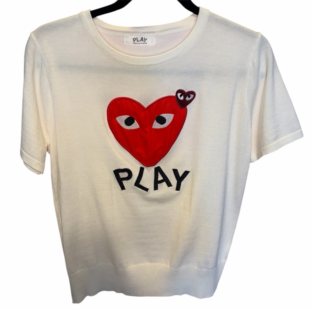 Comme des Garcons Women’s White Tee with Red Embroidered Hearts